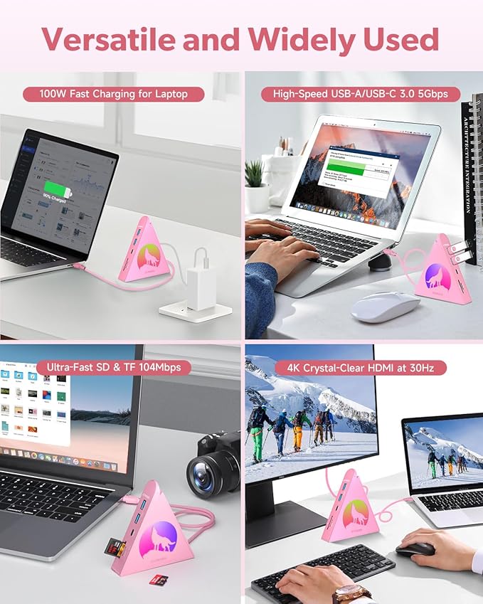Pink USB C Hub, 8-in-1 Type C Hub with 4K HDMI, 100W Power Delivery, 5Gbps USB-C, 3xUSB-A 3.0, SD/TF Card Reader, RGB Lighting, Pink Dock for MacBook Air/Pro, iPad, iPhone16, Surface, XPS, etc.