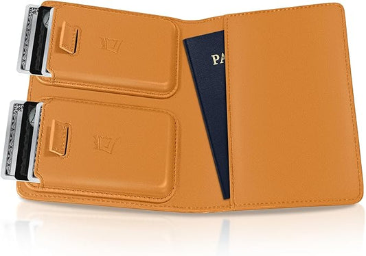 Kings Loot Passport Holder Wallet – RFID Blocking Leather Travel Wallet with Built-in Airtag Holder – Holds 1-6 Cards & Passport – Easy Pull Tab – Slim & Stylish Wallets (Cognac)