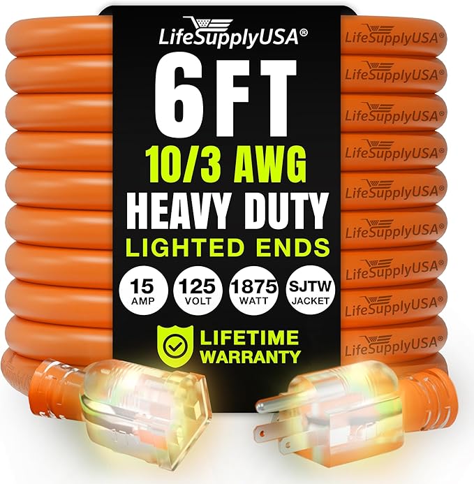 6ft Outdoor/Indoor Extension Cord 10/3 Gauge Ultra Heavy Duty 3 Prong SJTW, Waterproof, Flexible Cold-Resistant Long Power Cord,15A 125V 1875W, Orange by LifeSupplyUSA