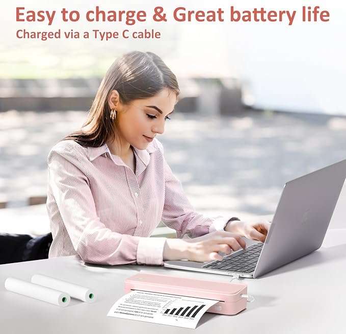 Inkless Portable Printer for Travel, Wireless Thermal Printer Supports 8.5 x 11 Inch US Letter Size, Bluetooth Machine Includes Carry Case and 3 Rolls of Thermal Paper Kit, Pink