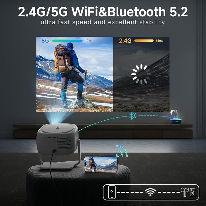 [360°Adjustable Stand] Mini Projector with WiFi and Bluetooth: Electric Focus & Auto Keystone 1080p Supported, 15000L,Multi-Device Compatible Outdoor Phone Projector - Visulapex Portable Home Theater
