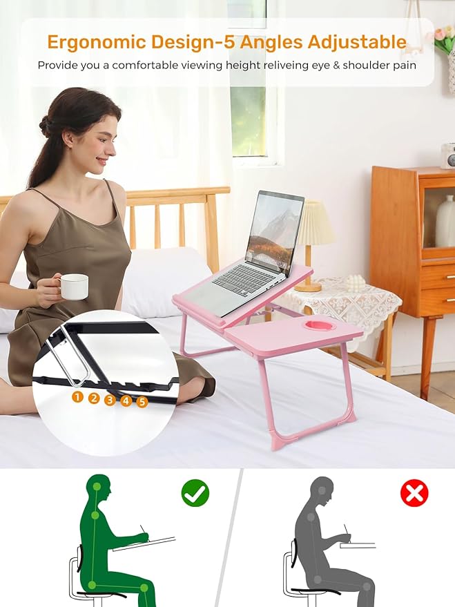 Lap Desk for Couch/Sofa/Floor, 5-Angle Adjustable Bed Desk with Foldable Legs &Cup Holder, Light Weight Bed Tray Table for Writing/Eating/Reading, Portable Laptop Stand for Adults, Kids