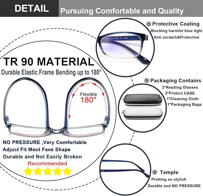 EYEURL 2 Pack Reading Glasses for Women Men, Blue Light Blocking Lightweight TR90 Readers Filter Glare/UV Rays/Eyestrain, 0.50