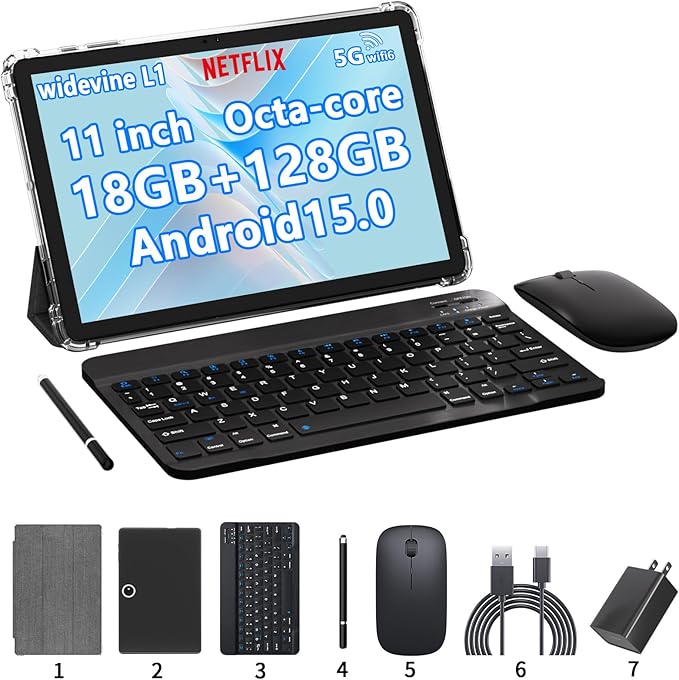 11 inch 2 in 1 Tablet, 18GB + 128GB, Android 15 Tablet, 1TB Expandable, 13MP Camera, Octa-Core Processor 5G WiFi 8000MAH Battery 11'' IPS HD Touchscreen Google Tableta.
