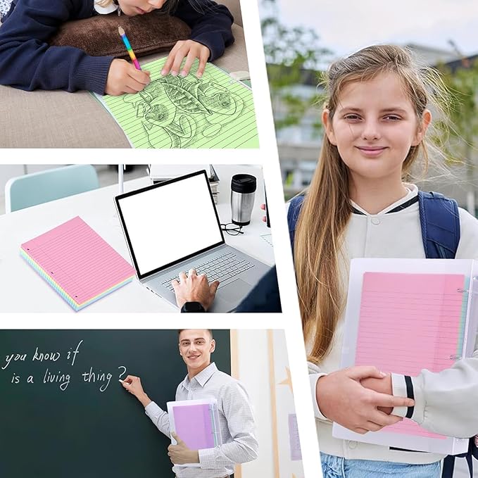 Koogel Wide Ruled Loose Leaf Paper, 8 x 10.5 Inch Filler Notebook Lined Paper, 5 Color, 3 Hole Punch Lined Writing Notebook for 3 Ring Binders for College Essentials School Office Supplies, 300 Sheets