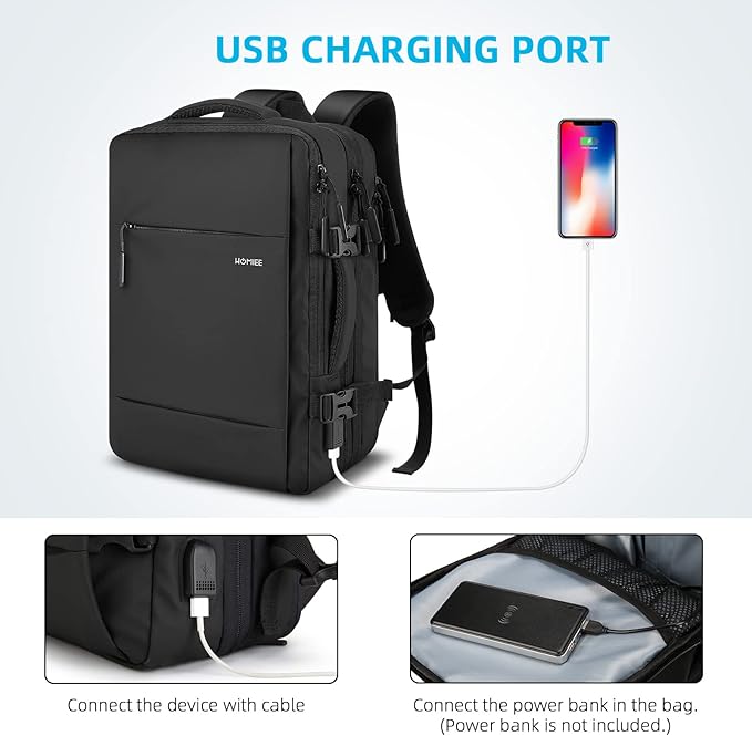 HOMIEE Travel Laptop Backpack TSA Friendly Flight Approved Carry-on Bags with USB Charging Port, Expandable Luggage Daypack Extra Large Suitcase Durable Weekender Bag, Black