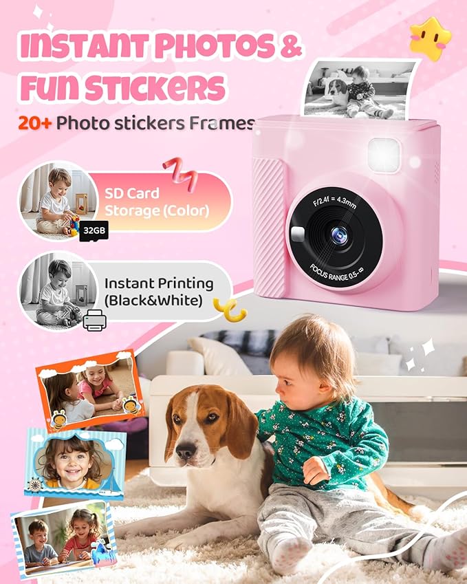 Kids Instant Print Camera, Christmas Birthday Gifts for Girls and Boys, 1080P HD Video Digital Kids Camera with Print Paper & 32G Card, Toddler Toy for 3-14 Years Old (Pink)