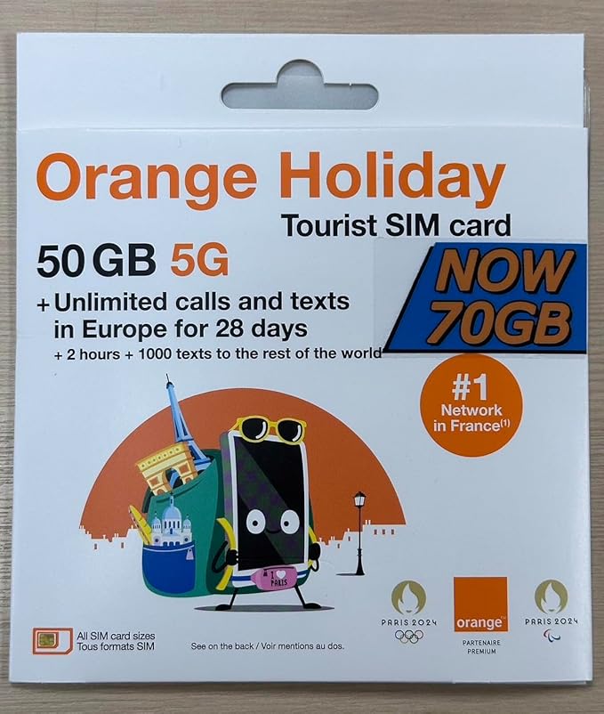 Orange Holiday Europe Prepaid Sim 100GB Internet Data | 30 Days-Use | Data tethering Allowed | 120min & 1000 SMS from Europe to Any Country Worldwide+1 Sim Card Holder+1 Pin