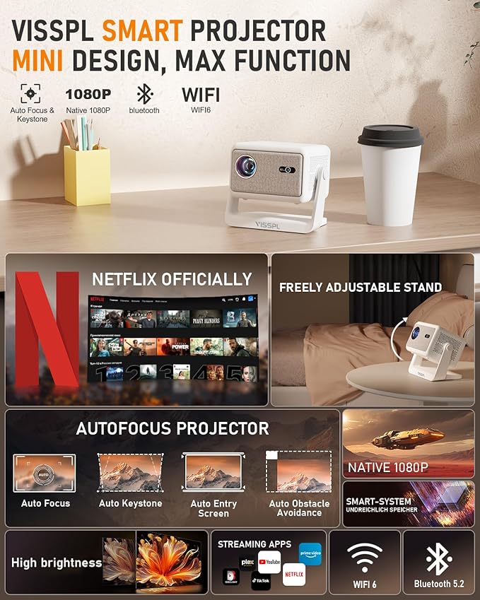 Netflix Projector, VISSPL Full HD 1080P Video Projector, Portable Outdoor Projector with Stand, Kids Gift, Home Theater Movie Phone Projector Compatible with Android/iOS/Windows/TV Stick/HDMI/USB