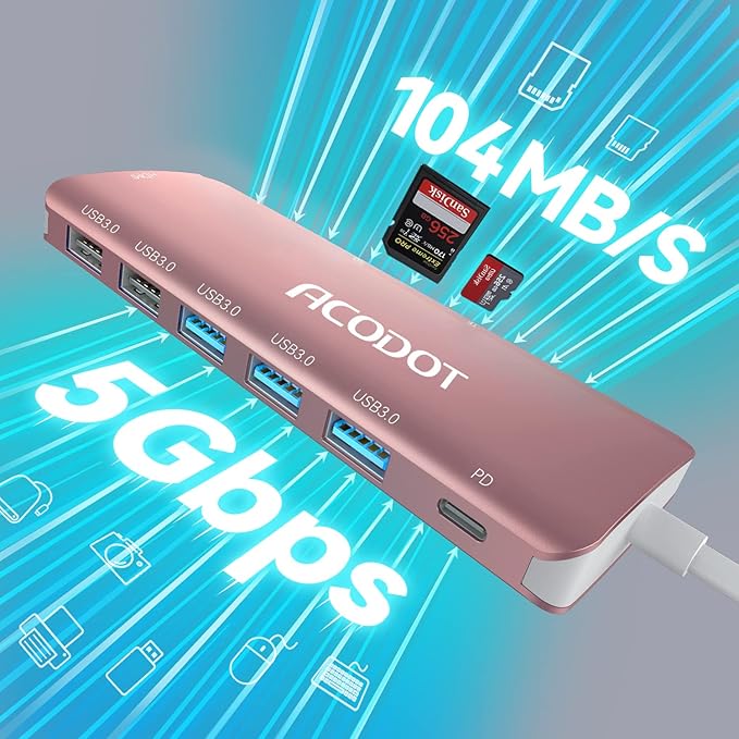 Acodot 9 in 1 USB C to 4K@60HZ HDMI Multiport Adapter, 3 USB 3.0 Ports, SD/TF Card Reader, 100W PD, Designed for MacBook Pro Air HP XPS etc, Rose Gold