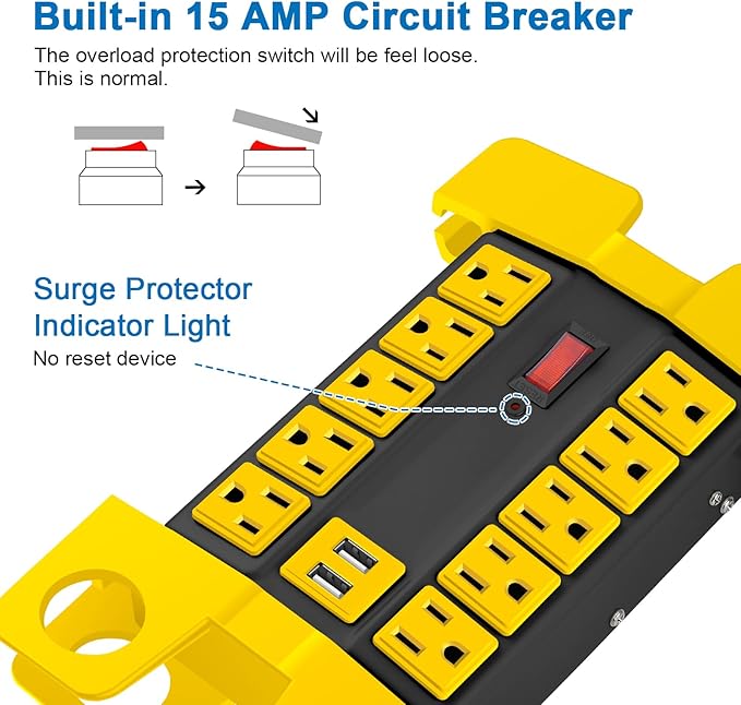 CCCEI Heavy Duty Power Strip with USB Ports, Garage 10 Outlets Surge Protector 2700 Joules, Industrial Workshop Metal 15Amp Multiple Outlets, 25 FT Extension Cord and Wide Spaced Black