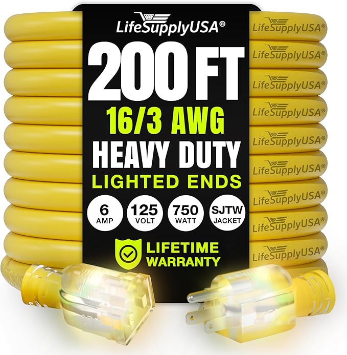 200ft Outdoor/Indoor Extension Cord 16/3 Gauge Heavy Duty 3 Prong SJTW, Waterproof, Flexible Cold-Resistant Long Power Cord,6A 125V 750W, Yellow by LifeSupplyUSA