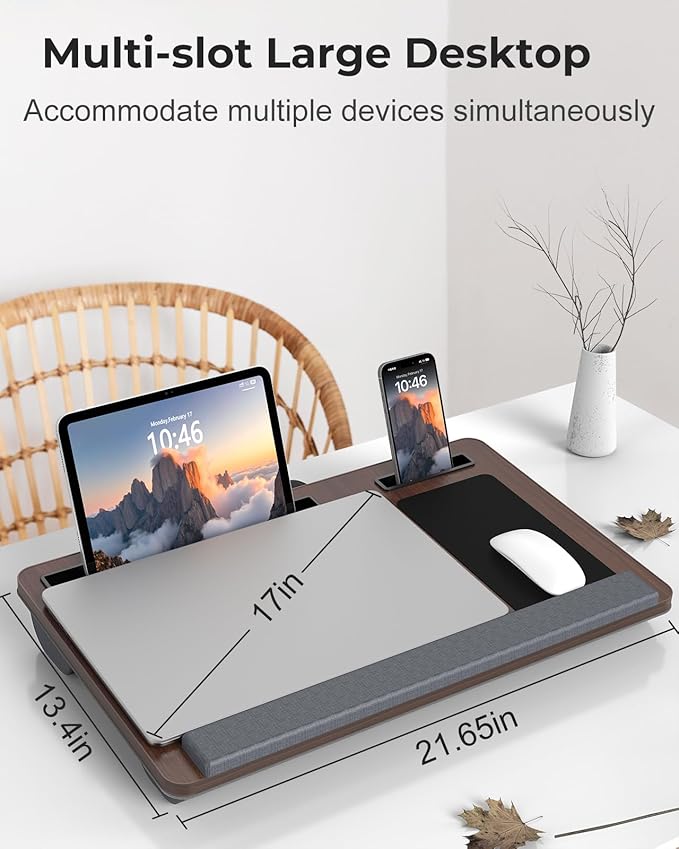 Lap Desk - Up to 17” Laptop Tray with Wrist Rest, Portable Handle, Fixed Mouse Pad, Tablet & Phone Slots, Laptop Lap Desk with Cushion (Dark Brown)