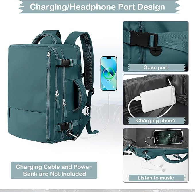 Hanples Large Travel Backpack for Women as Person Item Flight Approved, 40L Carry on Backpack, 17 Inch Laptop Backpack, Waterproof Backpack,Casual Bag with 2 Toiletry Bags (Peacock Blue)