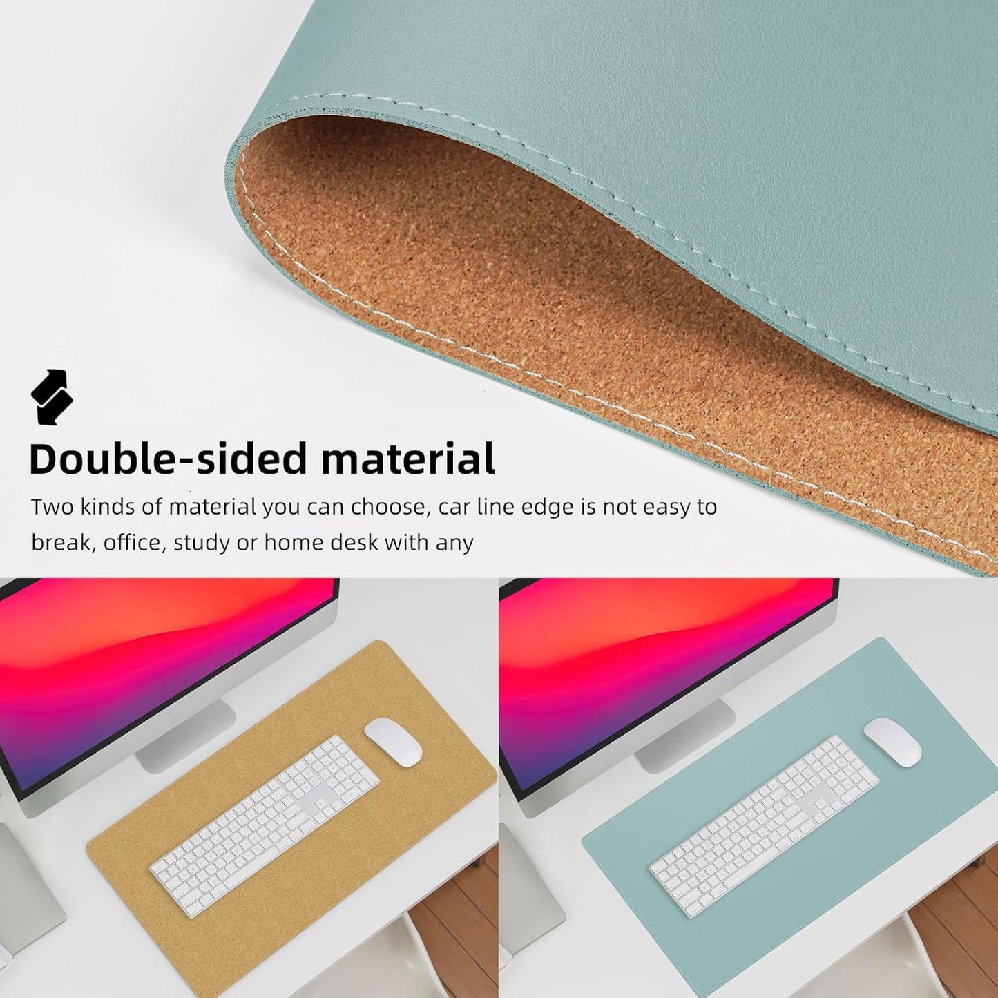 AFIING Dual-Sided Desk Pad, Natural Cork & PU Leather Large Mouse mats for Office and Home Work, Desk Protector Non-Slip, Waterproof, Easy Clean (Light Blue, 23.6" x 13.7")