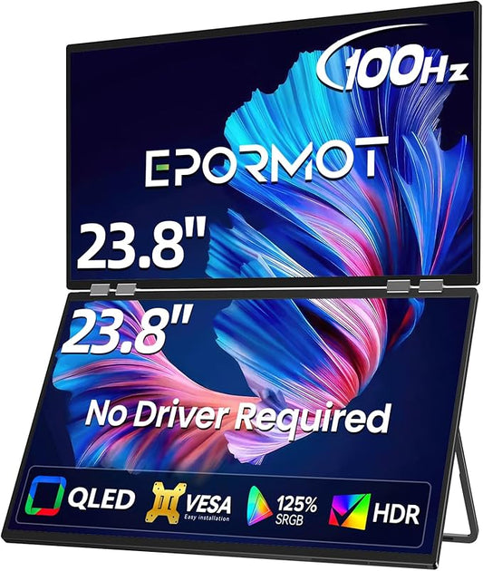 QLED Portable Dual Monitor 23.8" 100Hz FHD 1080P Stacked Monitor – 125% sRGB Dual Vertical Displays for Coding/Gaming/Trading, USB-C HDMI Laptop Screen Extender