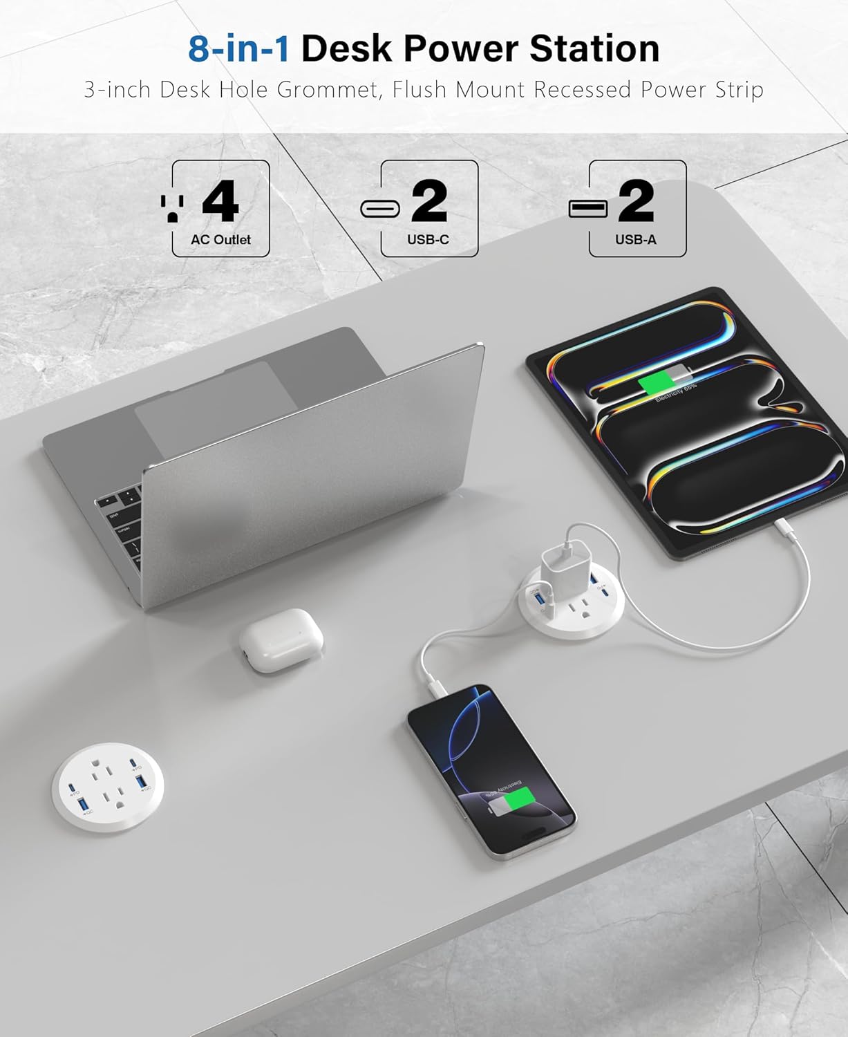 Jgstkcity Power Strip,Flush Mount Recessed Power Grommet,65W USB C Fast Charging,3-Inch Hole, 4 Outlets & 4 Ports, Ideal for Desktop & Countertop Outlet,Dual-Sided (White, 6FT)