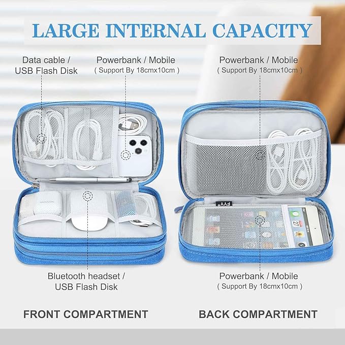 FYY Electronic Organizer, Large Travel Cable Organizer Bag Pouch Electronic Accessories Carry Case Portable Waterproof Double Layers All-in-One Storage Bag for Cable, Cord, Charger, Phone, Cyan