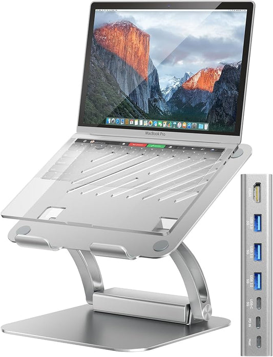 tounee Laptop Stand with Detachable USB-C Hub, 100W PD Charging, 4K@60Hz HDMI, 3 USB Ports, Ergonomic Laptop Holder Docking Station for 10-17" Laptops, MacBook & More - Silver