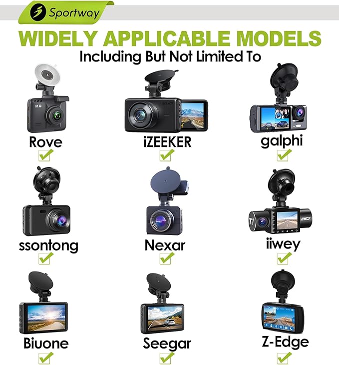 Sportway S503 Suction Cup Dash Cam Mount Holder (5th Gen) with 3pcs 360 Rotating Joints for Rove Nexar Z-Edge Kingslim iiwey NIUTA and Most Other Car Dash Cameras