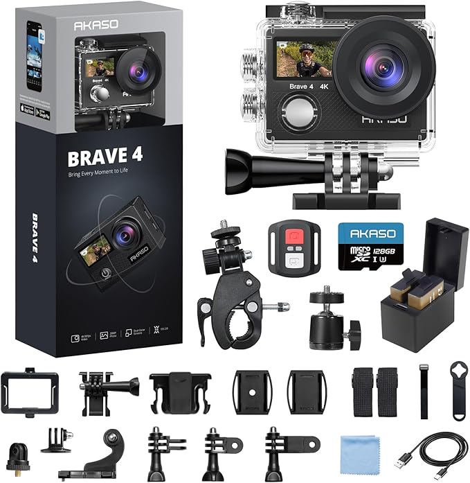 AKASO Brave 4 Action Camera 4K 30fps with 128GB MicroSDXC Card 20MP Ultra HD 131FT Waterproof Underwater Camera EIS WiFi Remote Control 5X Zoom Sport Cameras with Bicycle Accessories Kit Bundle
