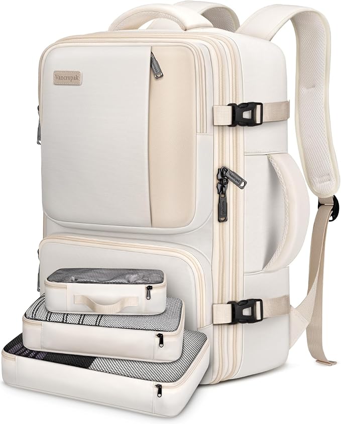 Vancropak Carry on Backpack, 47L Expandable Extra Large Travel Backpack with 3 Packing Cubes, Flight Approved Water Resistant Luggage Suitcase Weekend Duffle Bag Overnight Daypack for Women Men, Beige