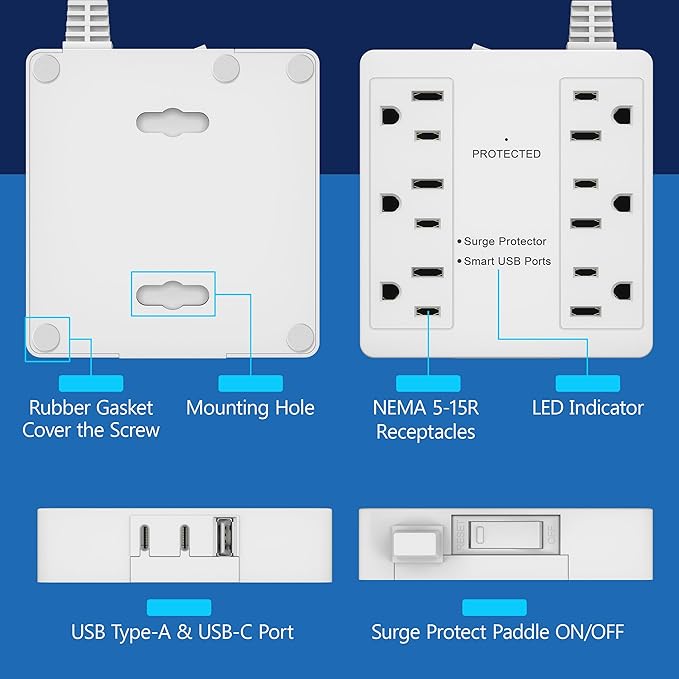 LIDER Outlet Extender with 6 Receptacles, USB-A and 2 USB-C, Ultra-Thin Flat-Plug with Cord Extender, 6-Outlet Power Strip, Slim Angled Design, Surge Protector, 1500 Joules, 5ft Cord, UL-Listed, White