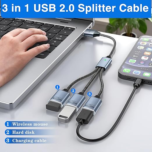 Duttek USB A Splitter 0.8FT/25cm, 1 to 3 USB Extension Cable, Type A Male to 3 Female Cable for Laptop, PC, Charging and 480Mbps Data Transfer