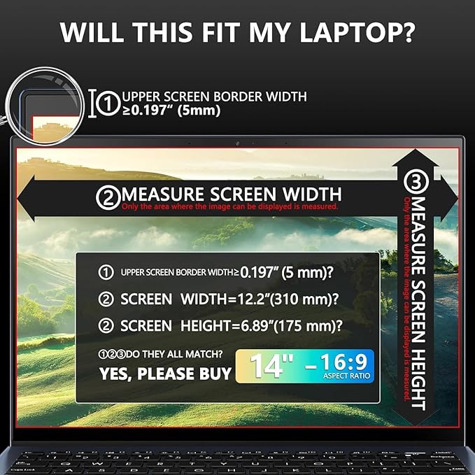 FILMEXT Magnetic Laptop privacy screen 14 inch for 16:9 Widedisplay, Removable Laptop Privacy Screen Shield Anti Glare Blue Light Filter for HP/Dell/Acer/Lenovo/Asus