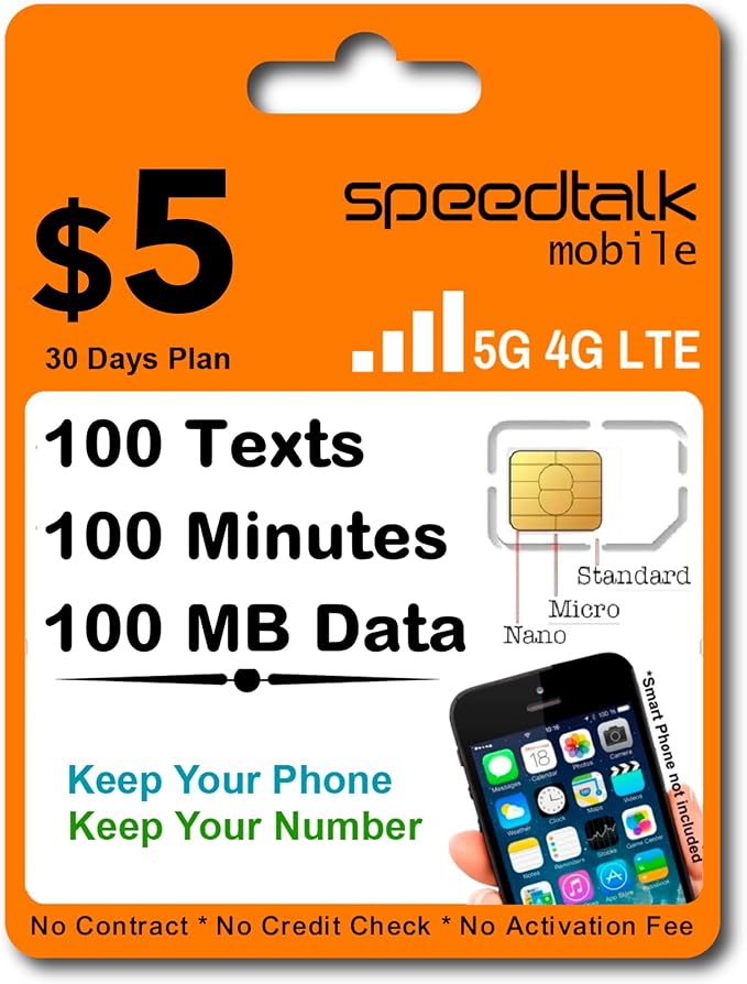 SpeedTalk Mobile Prepaid SIM Card Kit for Smart Phones & Cellphones | $5 Monthly Plan - 5G 4G LTE Data | 3-in-1 SIM Card Standard Micro Nano Size | USA Coverage Bring Your Own Phone