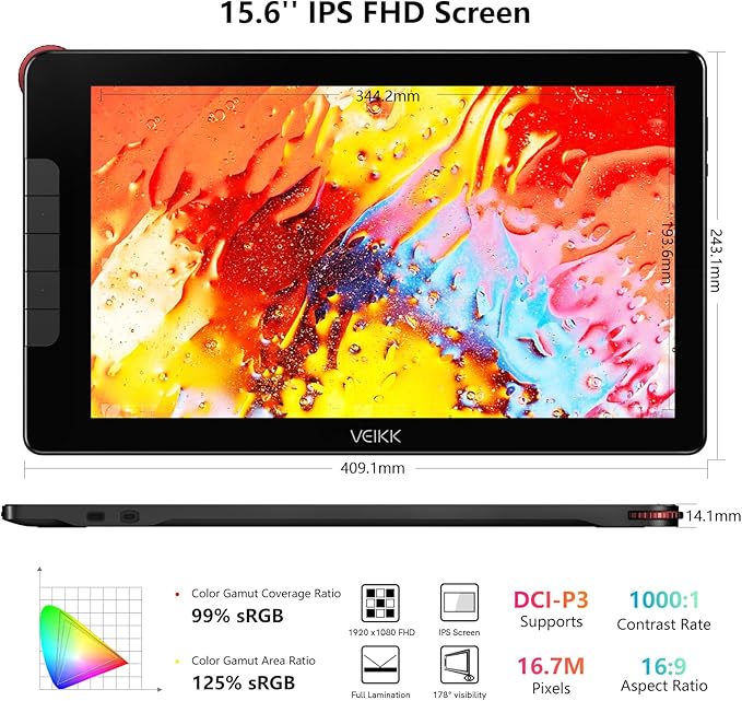 VEIKK Drawing Tablet with Screen 15.6" Graphics Tablet, Studio 16 Art Tablet with 16384 Pen Pressure,Adjustable Stand,Quick Dial and 5 Shortcut Keys, 125% sRGB