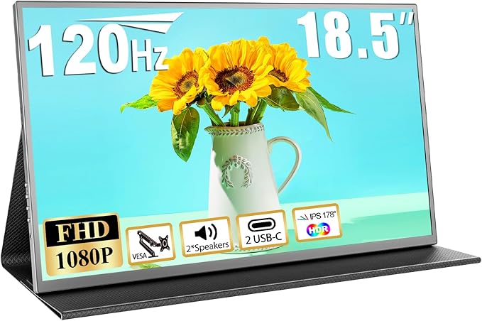 18.5 Inch Large Portable Monitor for Laptop, 1080P FHD 120Hz 125% sRGB USB-C HDMI Travel Monitor for Laptop Mac PC Xbox PS4/5 Switch, Portable Screen with Smart Cover, VESA Compatible