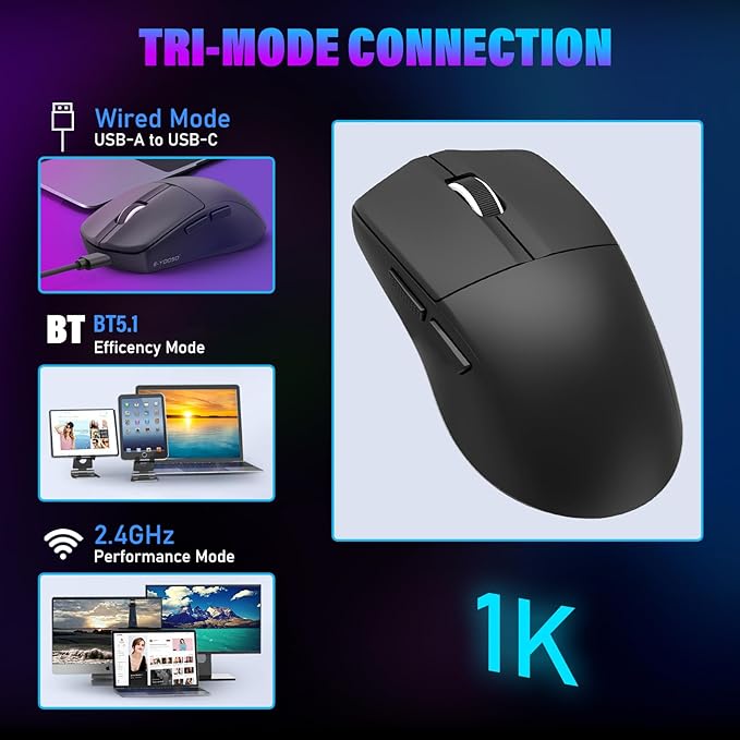 XuanGui Wireless Gaming Mouse,2.4G/BT/USB-C Wired,5-Level DPI 4000 Max,50g Lightweight,1000Hz Polling Rate,Macro Program,Side Buttons,44-Hour Battery Life,For Laptop/PC/Computer/Mac/Tablet (Black-1)