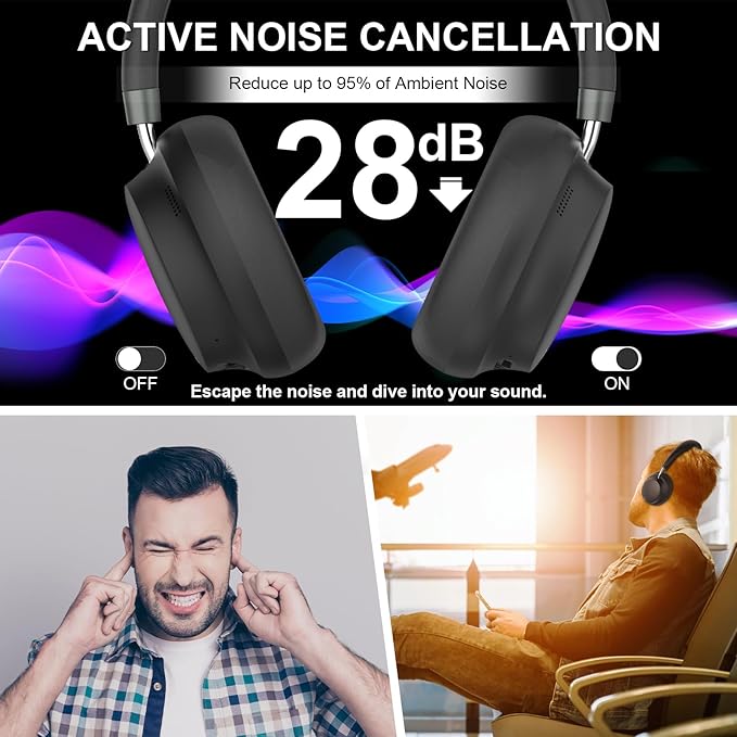 T-fun NC45 Active Noise Cancelling Headphones, Comfortable Wireless Over Ear Headset with Mic, 55H Playtime, Hi-Res Audio, Deep Bass, Low Latency, Bluetooth 5.3 ANC Headphones for Travel Home