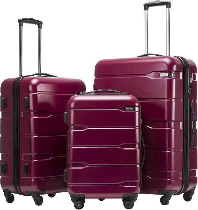 Coolife Luggage Expandable 3 Piece Sets PC+ABS Spinner Suitcase 20 inch 24 inch 28 inch (wine red., 3 piece set)
