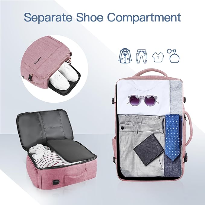 Carry On Backpack for Women, 50L Travel Backpack Flight Approved, Expandable Backpack For Airplanes, 17 Inch Laptop Backpack, Luggage Suitcase Daypack Lightweight Business Weekender Bag, Pink