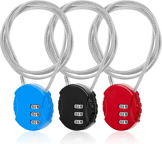 3 Pieces Cable Luggage Locks 3 Digit Combination Locks Combo Locks Wire Stroller Locks TSA Approved Padlocks for Travel Bike Backpack Cabinet, 30 Inch Wirerope (Black,Blue,Red)