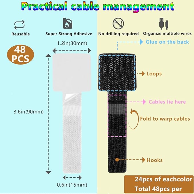 Under Desk Cable Management, Wire Organizers for Cords - Upgrade 48 PCS Sticky Back Self Adhesive Cable Ties, Hook and Loop Straps for Home or Office Use