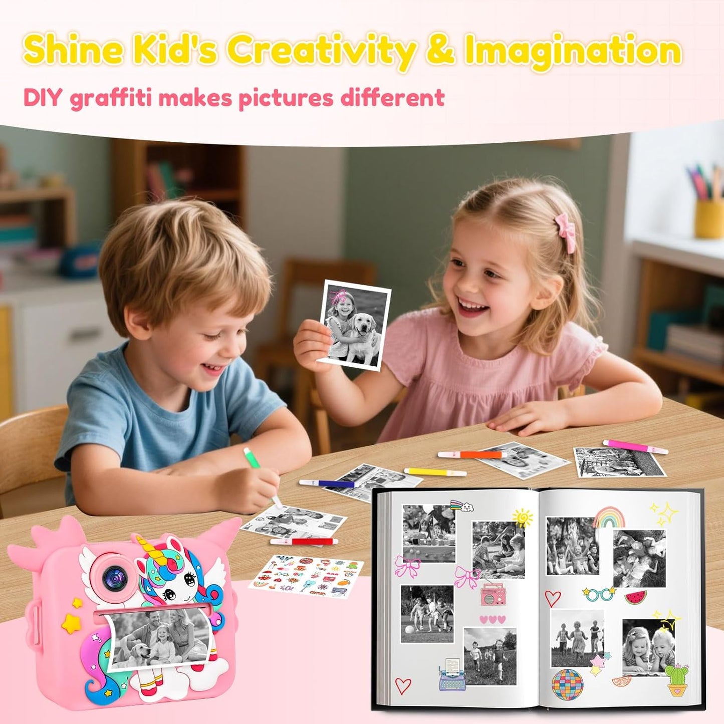 OTJ Kids Camera Instant Print - Selfie Children Digital Camera Toy That Print Photos Christmas Birthday Gifts for Ages 3-12, 4 5 6 7 8 9 10 Year Old Girls Toddler, Travel Portable Video Cameras