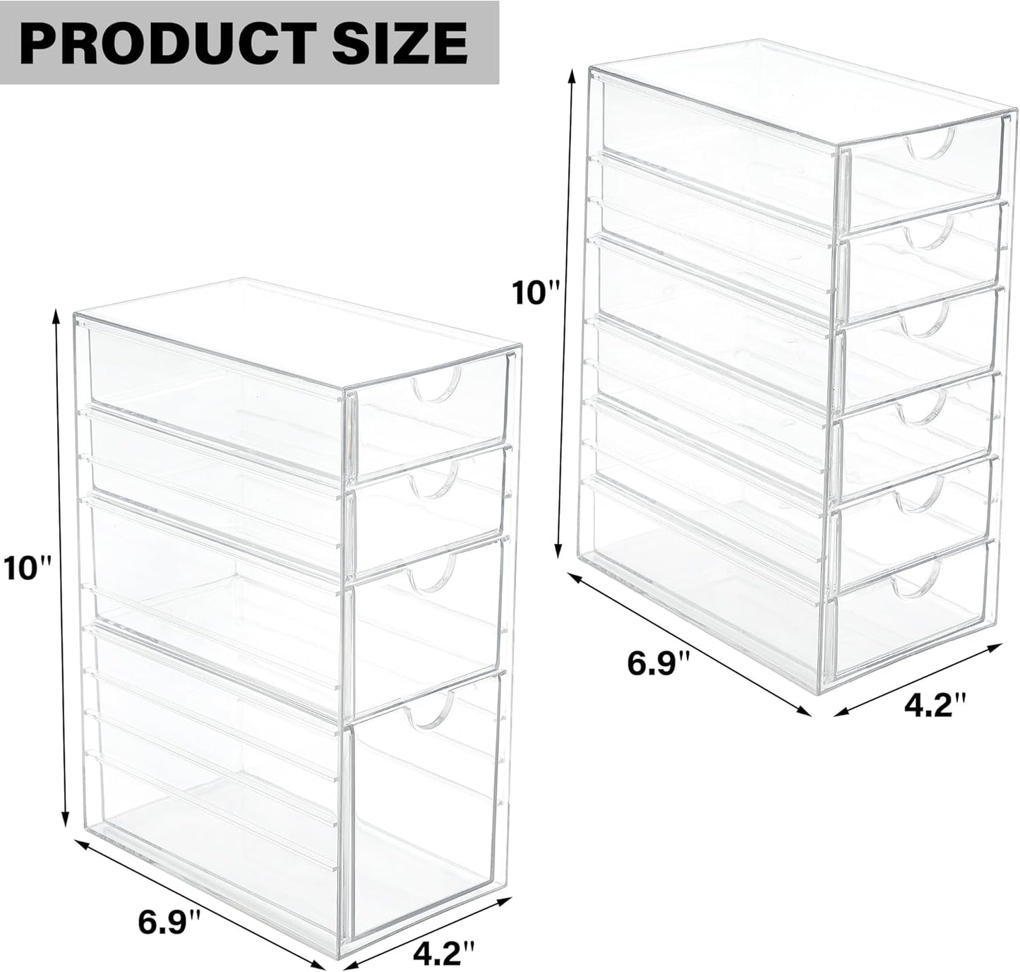 Prsildan Acrylic Drawer Makeup Organizer with 10 Drawers, Set of 2 Office Desk Organizers Accessories, Clear Stackable Storage Drawers for Vanity, Countertop, Craft, Jewelry, Art Supply Organization