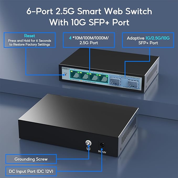 6 Port 2.5G Easy Web Managed Switch, 4 x 2.5G Base-T Ports, 2 x 10G SFP+, Static Aggregation,QoS/VLAN/IGMP, 2.5Gb Network Homelab Switch