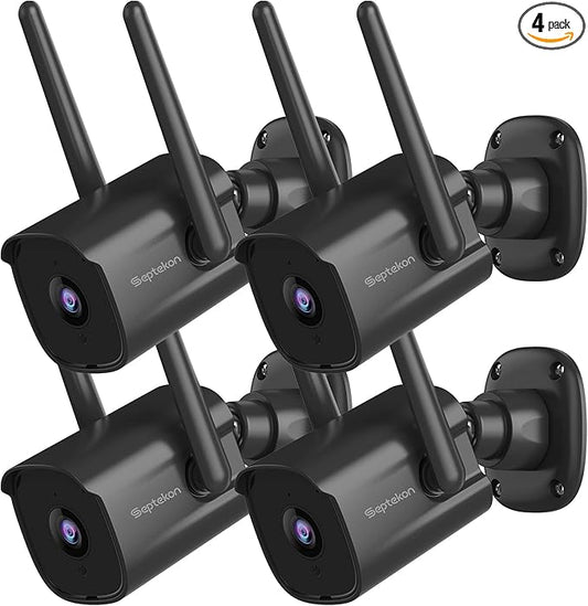 Septekon 2K Home Security Cameras 4 Pack, 2.4G Wired WiFi Security Camera Outdoor with Night Vision, Two-Way Audio, IP66, Motion Detection Alarm, Dual Antenna, Black