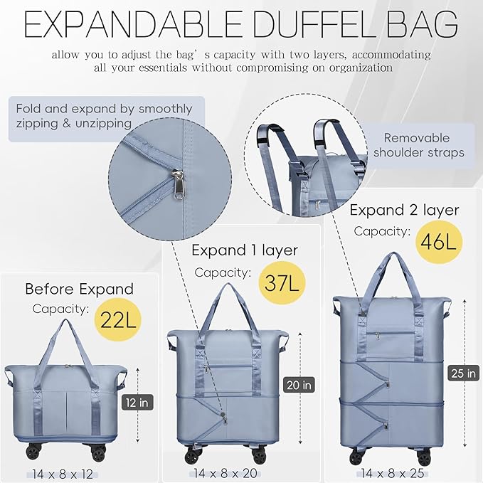 VOOWO Duffel Bag with Wheels - Rolling Foldable Expandable Duffle Bag with Wheels for Travel, Rolling Luggage Bag Carry On Travel Bag with Wheels, Large Wheeled Overnight Weekender Bag (Blue)