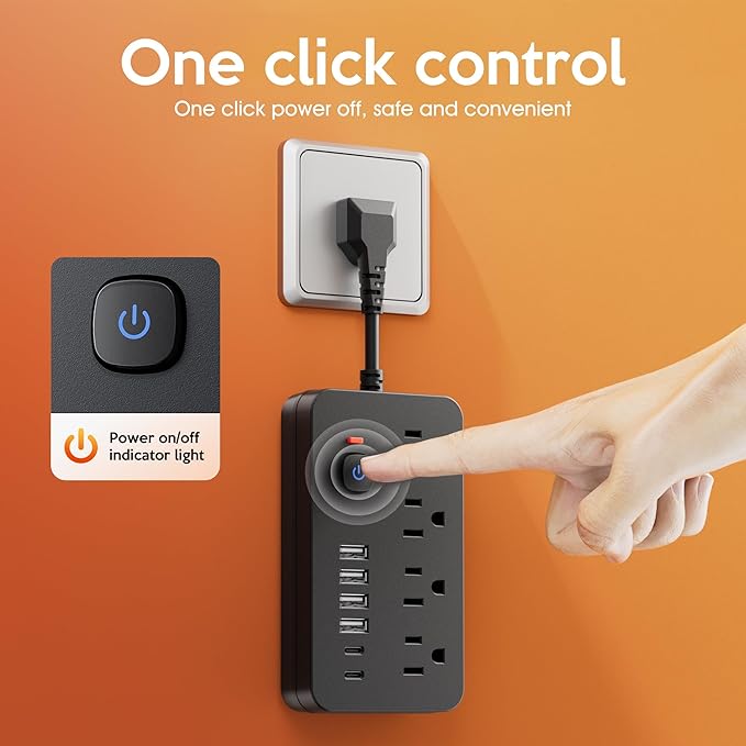 Power Strip Surge Protector Extension Cord - Chiefway 4 AC Outlets, 6 USB Ports (2 USB C) Short Cord Outlet Extender, with One-Touch Switch, Wall Mountable for Home Office Travel Dorm, Black