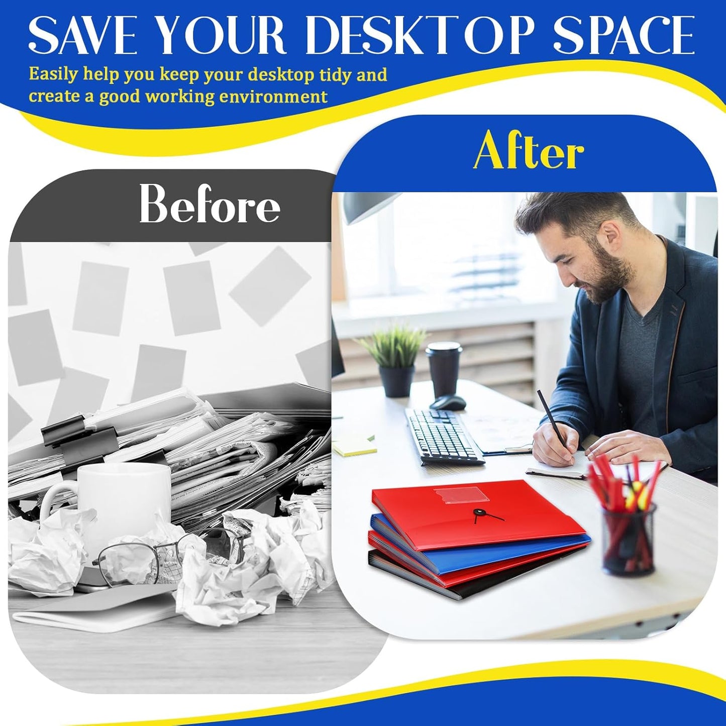 Glenmal 10 Pcs 7 Pocket File Folders File Organizer Expanding Folder with Labels Plastic Expandable Folder Pocket Folder A4 Letter Size Paper Organizer Folder for Office(Red, Black, Blue)