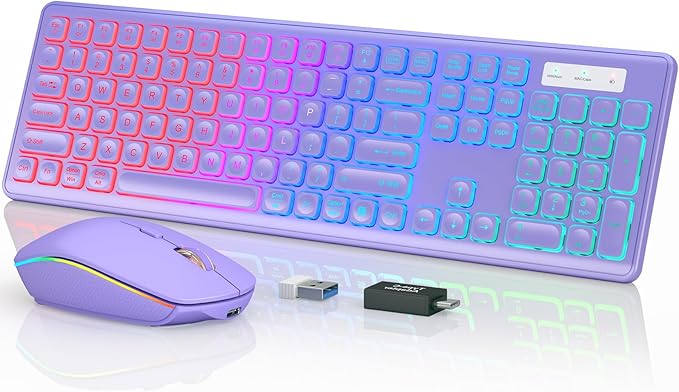 Wireless Keyboard and Mouse Combo, RGB Backlit, Rechargeable & Light Up Letters, Full-Size, Ergonomic Tilt Angle, Sleep Mode, 2.4GHz Quiet Keyboard Mouse for Mac, Windows, Laptop, PC, Trueque(Purple)