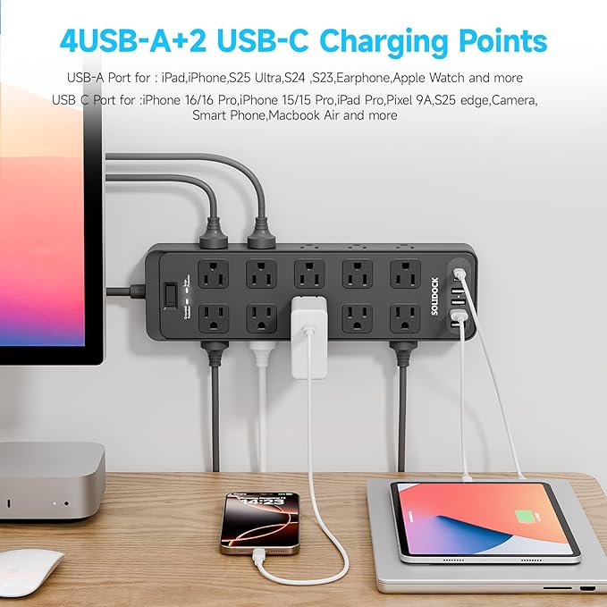 Power Strip Surge Protector Flat Plug with 20 AC Outlets 6 USB Chagring Ports, 1875W/15A, 2700J, 10 Ft Heavy Duty Extension Cord for Home, Office, Dorm, Gaming,ETL Listed (Black, 10 Feet)