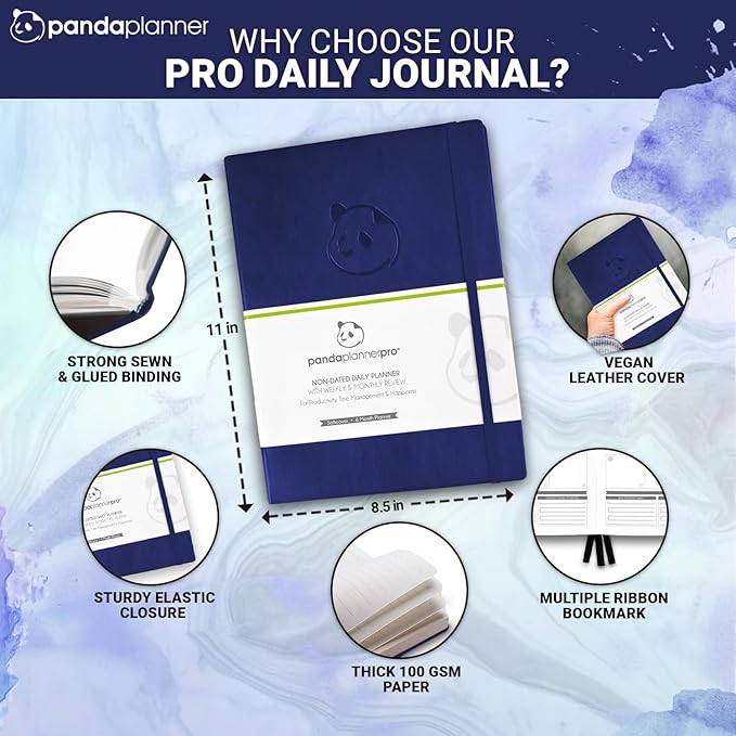 Panda Planner Pro A4 Daily Planner 2026 – 6 Month Undated Planner with Hourly Schedule, Large 8.5x11 Layout, To Do List, Daily Journal, Goal Planner, Habit Tracker & Gratitude Organizer for Home/Office – Purple