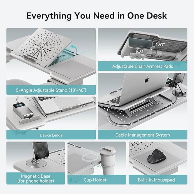Newtral Laptop Bed Tray Desk, Height & Angle Adjustable Foldable Laptop Stand w/Cup Holder, Mousepad, Laptop Table Bookstand for Gaming, Working, Sofa & Office Chairs Use (Grey, Upgrade)