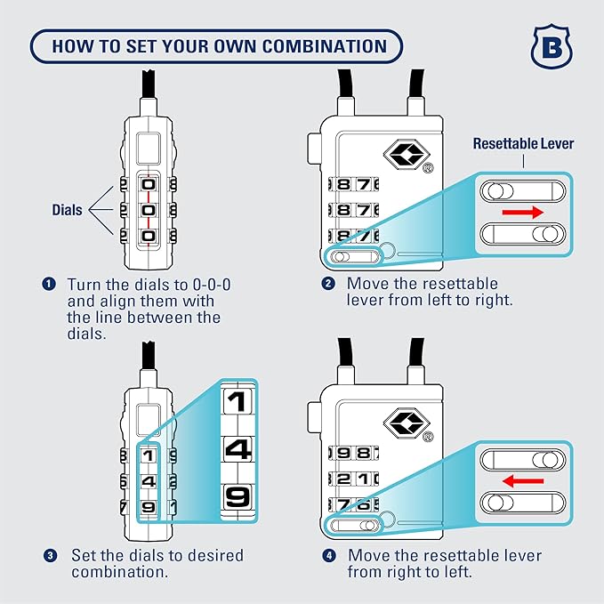 Brinks TSA Accepted Indicator Luggage Lock, Blue - Resettable 3-Dial Combination, 2.5 inch Long Cable Shackle, New More Secure TSA008 Key, 2 Pack